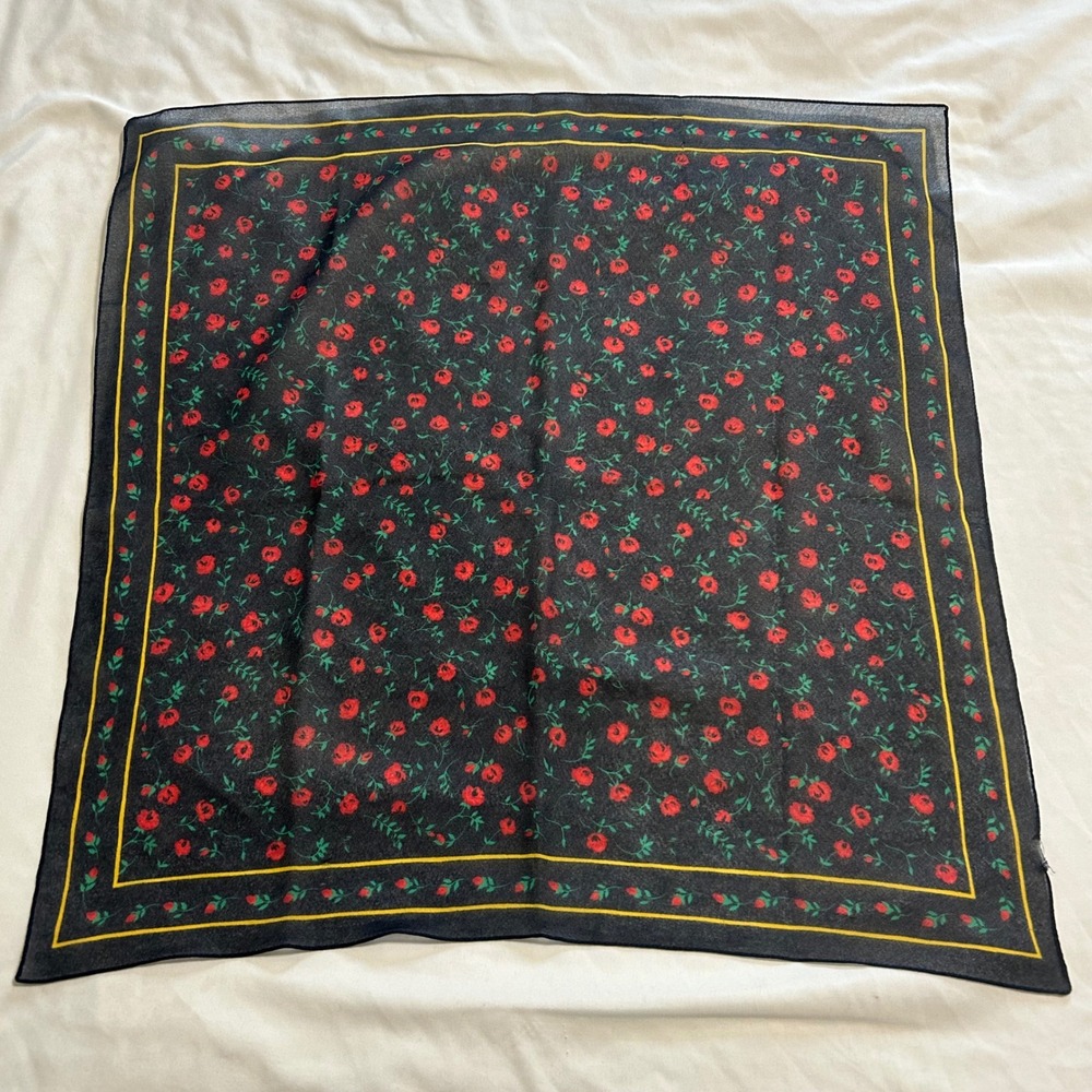 Vintage Black Red Rose Floral Square Neck Scarf Yellow Border 20x20